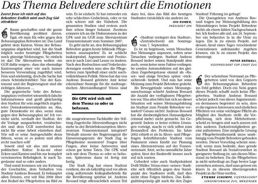 ZB. Das Thema Belvedere schuert die Emotionen; Neue ZZ, 9.9.2008.jpg